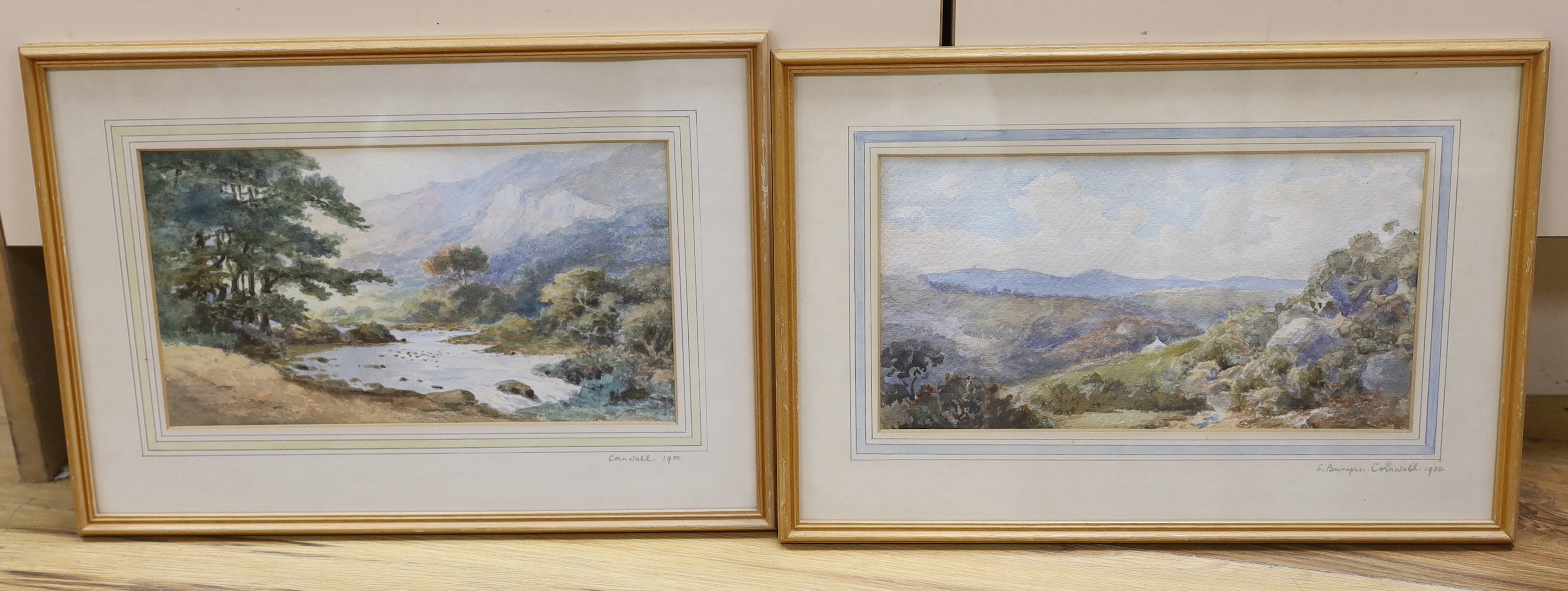 S Bunyan, pair of Cornish watercolours, Hillside landscape and river scene, dated 1900 to the mounts, one signed, 27cm x 15cm